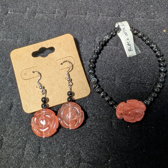 Jewelry - Black Onyx And Carved Cherry Quartz Rose Jewelry Set - Earrings and Bracelet